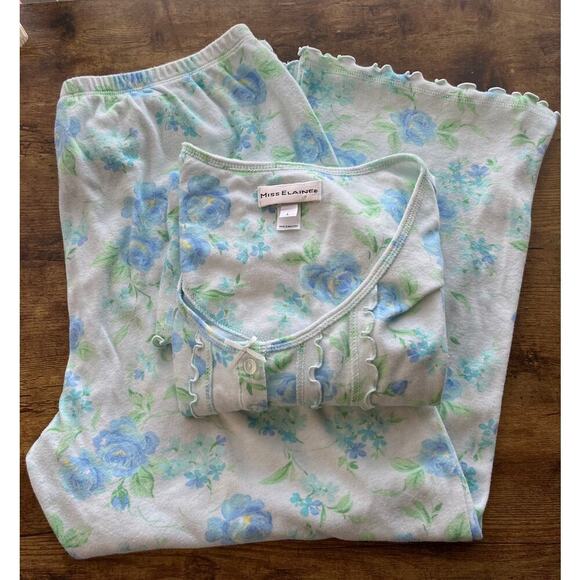 Miss Elaine Womens L White /Blue Floral Print Sleep Wear Set Cozy/Casual - Picture 8 of 8